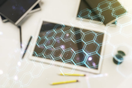 Creative abstract technology sketch with hexagon grid and modern digital tablet on background,...