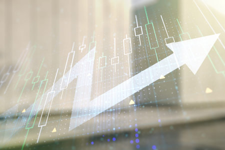 Multi exposure of abstract financial diagram and upward arrow on contemporary business center...