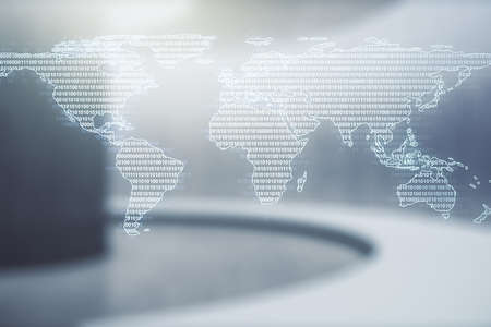 Multi exposure of abstract creative digital world map hologram on empty modern office background, research and analytics conceptの写真素材