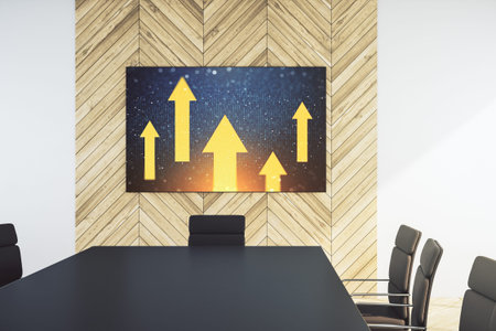 Creative abstract upward arrows hologram on tv display in a modern presentation room, leadership and...