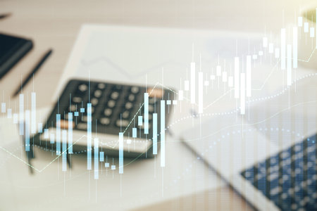 Multi exposure of abstract virtual financial graph hologram on calculator and laptop background,...