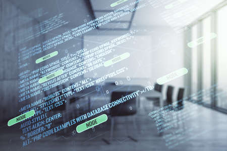 Multi exposure of abstract programming language hologram on a modern furnished office interior background, artificial intelligence and machine learning conceptの写真素材