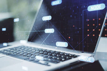 Double exposure of abstract programming language on laptop background, research and development conceptの写真素材