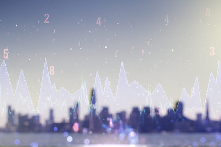 Abstract virtual analytics data spreadsheet on blurry skyscrapers background, analytics and analysis...