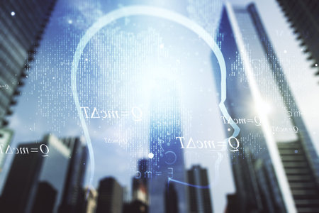 Abstract virtual artificial Intelligence interface with human head hologram on office buildings...