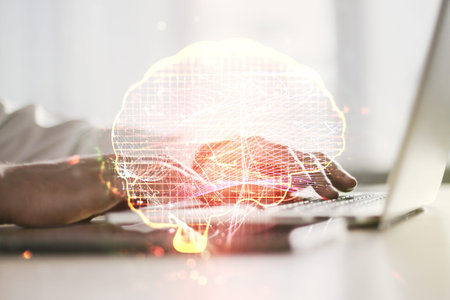 Double exposure of creative artificial Intelligence symbol with hands typing on laptop on...