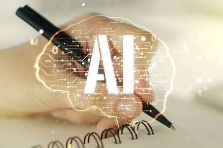 Double exposure of creative artificial Intelligence symbol with man hand writing in notebook on background. Neural networks and machine learning conceptの写真素材