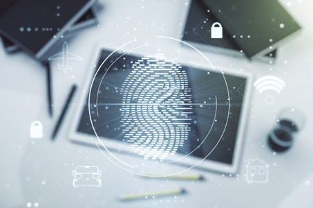Double exposure of abstract creative fingerprint hologram and digital tablet on background, top...