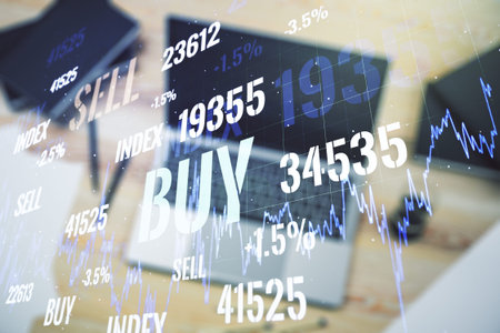 Multi exposure of abstract creative financial chart on computer background, research and analytics...