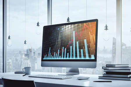 Modern computer monitor with abstract creative financial chart, research and strategy concept. 3D Renderingの写真素材