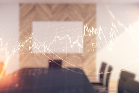 Multi exposure of abstract virtual financial graph hologram on a modern conference room background,...