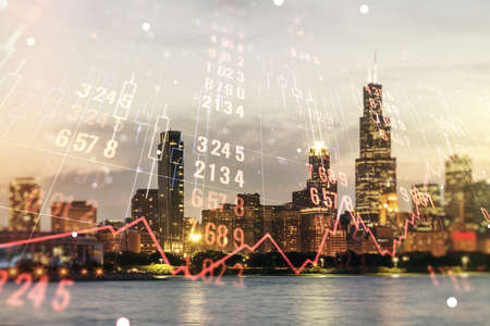 Double exposure of abstract virtual statistics data hologram on Chicago city skyscrapers background, statistics and analytics conceptの写真素材
