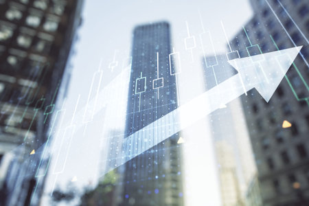 Abstract creative financial diagram and upward arrow hologram on blurry cityscape background, growth...