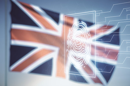 Abstract virtual fingerprint hologram on flag of Great Britain and sunset sky background....