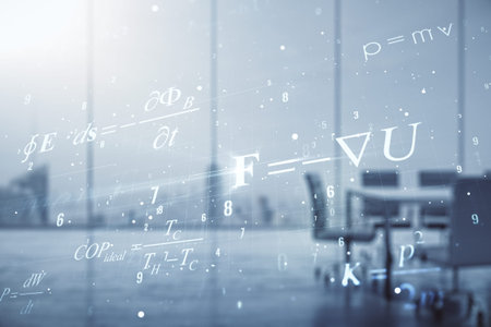 Scientific formula hologram on a modern boardroom background, research concept. Multiexposure