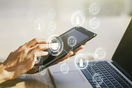Social network media concept with finger presses on a digital tablet on background. Double exposure