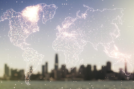 Multi exposure of abstract creative digital world map hologram on blurry cityscape background,...
