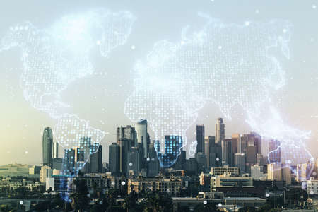 Abstract creative digital world map on Los Angeles cityscape background, globalization concept. Multiexposureの写真素材