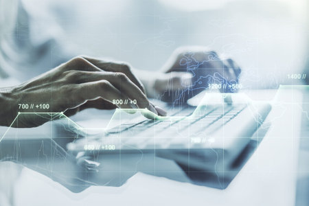 Multi exposure of creative statistics data hologram with hands typing on computer keyboard on...