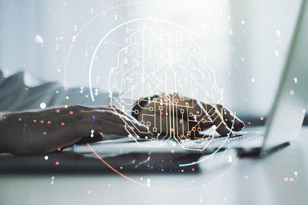 Double exposure of creative artificial Intelligence symbol with hands typing on laptop on...
