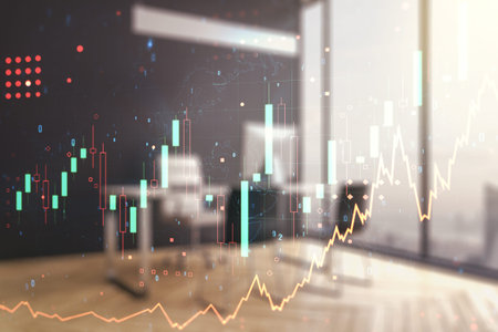 Multi exposure of abstract creative financial chart and modern desktop with laptop on background,...