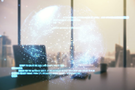 Abstract creative coding illustration with world map and modern desktop with pc on background,...