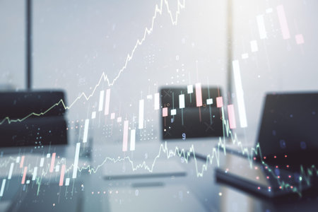 Multi exposure of abstract financial graph and modern desktop with pc on background, financial and...