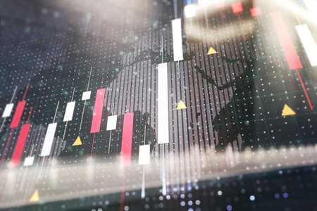 Abstract creative financial graph interface and world map on blurry modern office building...