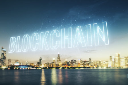 Double exposure of abstract virtual blockchain technology hologram on Chicago city skyscrapers...
