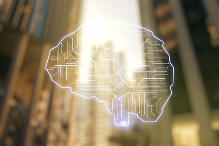Virtual creative artificial Intelligence hologram with human brain sketch on modern architecture background. Double exposureの写真素材