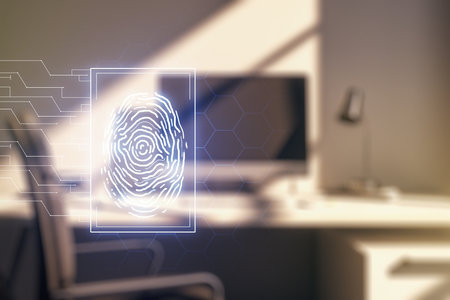 Multi exposure of creative fingerprint hologram and modern desktop with laptop on background, personal biometric data conceptの写真素材