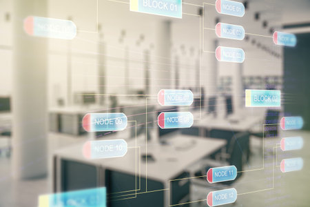 Multi exposure of abstract software development hologram on modern corporate office background,...