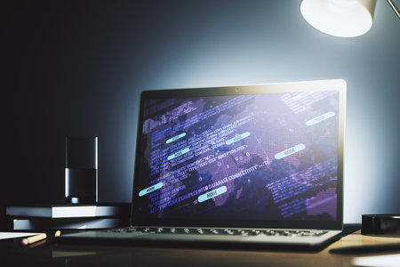 Modern computer screen with abstract graphic coding sketch and world map, big data and networking concept. 3D Renderingの写真素材