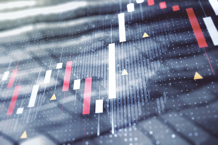 Multi exposure of virtual abstract financial graph hologram and world map on abstract metal background, financial and trading conceptの写真素材