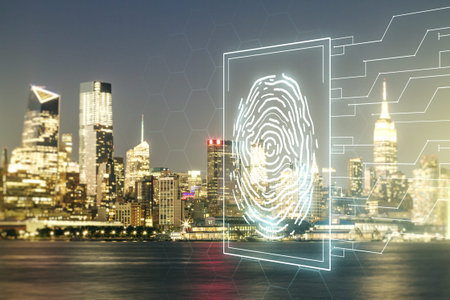Double exposure of virtual creative fingerprint hologram on New York city office buildings background, protection of personal information conceptの写真素材