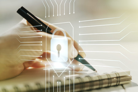 Creative idea concept with lock symbol and microcircuit illustration and with woman hand writing in...