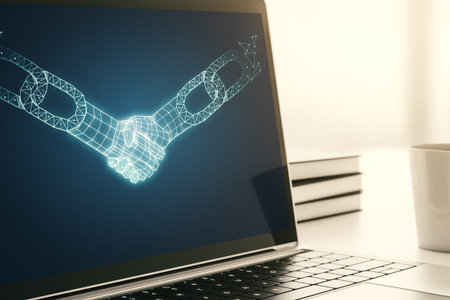 Creative abstract block chain technology hologram with handshake on modern computer monitor,...