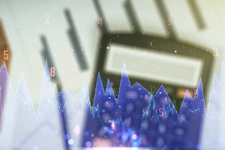 Multi exposure of abstract statistics data hologram interface on calculator and papers background,...