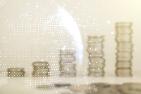 Double exposure of abstract digital world map hologram on growing coins stacks background, big data and blockchain conceptの写真素材