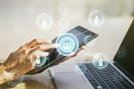 Double exposure of social network icons concept with finger clicks on a digital tablet on...