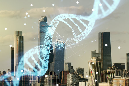 DNA hologram on New York cityscape background, science and biology concept. Multiexposureの写真素材
