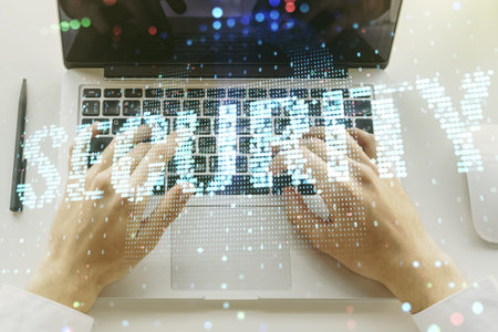Cyber security creative concept with hands typing on computer keyboard on background. Double...