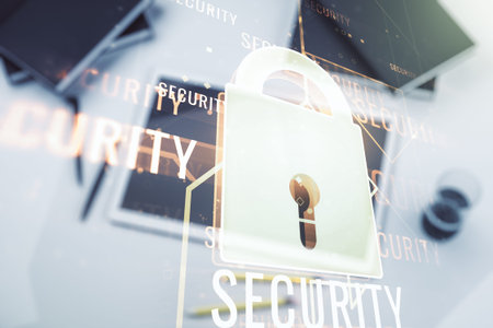 Creative idea concept with lock symbol and microcircuit illustration and modern digital tablet on...