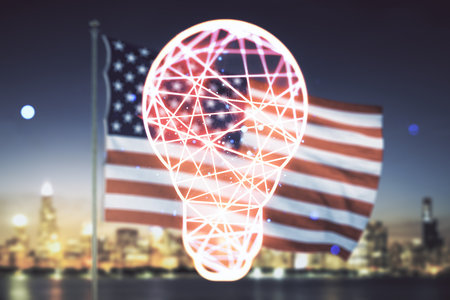 Double exposure of creative light bulb hologram on USA flag and blurry skyscrapers background, research and development conceptの写真素材
