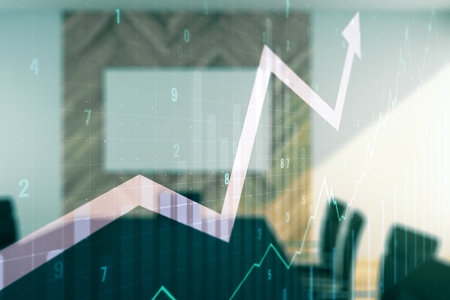 Double exposure of abstract creative financial chart and upward arrow illustration on a modern meeting room background, research and strategy conceptの写真素材