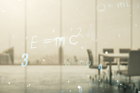 Scientific formula hologram on a modern boardroom background, research concept. Multiexposureの写真素材