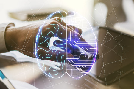 Creative artificial Intelligence concept with human brain sketch and finger presses on a digital...