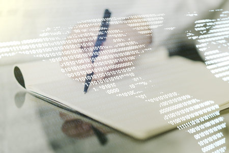 Double exposure of graphic America map and man hand writing in notepad on background, big data and...