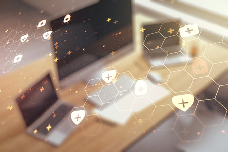 Creative concept of abstract medical illustration and modern desktop with computer on background. Medicine and healthcare concept. Multiexposureの写真素材