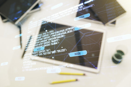 Double exposure of abstract creative programming illustration and modern digital tablet on background, big data and blockchain conceptの写真素材